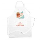 a white polyester kitchen apron with a novelty santa & cake design
