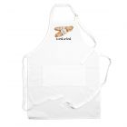 a novelty polyester kitchen apron with an image of two baguettes and joke text reading 'in crust we trust'
