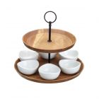 two tier wooden serving stand with ceramic bowls