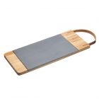 Acacia wood serving board with a removable slate platter and a leather strap handle.