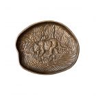 Brass-coloured jungle themed serving dish, with embossed leopard design.