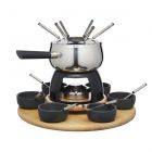 Stainless steel fondue set with bowls, forks, spoons and lazy Susan base