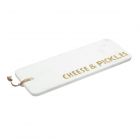 long rectangular white marble serving platter with cheese & pickles text in brass
