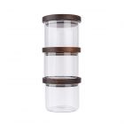 set of three glass food storage jars with acacia wood lids, perfect for dry ingredients and refills