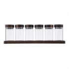 set of six small glass spice jars with acacia wood lids and display board