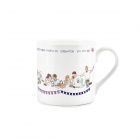white bone china mug to commemorate the coronation of King Charles III, with a cartoon street party design