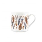 a white fine bone china dishwasher safe mug with a brown feather design