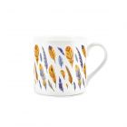 white dishwasher safe fine bone china mug with colourful feather design
