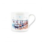 bone china white mug with a seaside harbour painted design