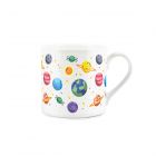 White fine bone china mug with brightly coloured planets, stars, asteroids and sun print