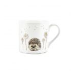 white bone china mug with a painted hedgehog and dandelion design