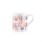 Small fine china mug printed with red and purple colored blueberry fruit and leaves