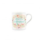 Small fine china white mug with flowers and will you be my bridesmaid question printed on the front