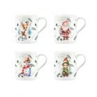 set of four small bone china mugs with festive Christmas characters designs
