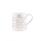 small bone china mug with keyword design relating to the coronation of King Charles III