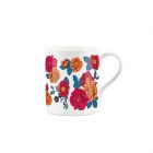 Vibrant orange, red and blue roses printed on a small fine china mug