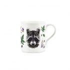 Small fine china mug with a raccoon face, leaves and berry print