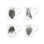 set of four small bone china mugs with black painted leaves