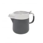 a four cup ceramic teapot with integrated stainless steel filter, and a grey & white design