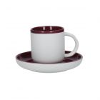 a white and purple coffee cup & saucer set made from durable ceramic