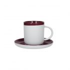 small white and purple ceramic espresso cup and saucer set