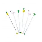 Set of six high-quality glass cocktail/ drink stirrers featuring a range of tropical designs.