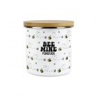 white enamel jar with flying bee print and bee mine forever text