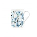 White fine bone china mug with a blue cosmos glass effect floral print