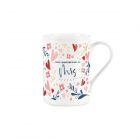 white fine bone china mug for newly married wives, with flower and heart pattern
