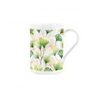 White fine bone china mug with a blue cosmos glass effect floral print