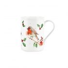 White fine china mug with watercolour robins and holly print