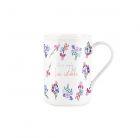 white fine bone china mug with floral iris design and valentines quote