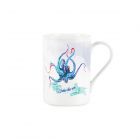 a white fine china mug with a watercolour picture of an octopus