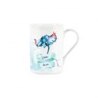 A white fine china mug with a watercolour painting of a stingray