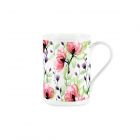transparent wild rose print in pink, purple and green, printed on a white fine china mug
