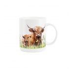 a bone china white mug with a highland cow design, standing in a field with its calf