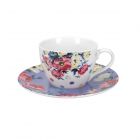 Bright floral teacup and saucer made from porcelain