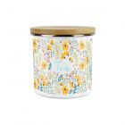 pretty floral print enamel storage canister with an airtight bamboo lid