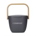 Dark grey compost caddy with bamboo handle and light grey text