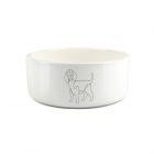 white ceramic large dog food bowl with fine line drawing of a beagle dog