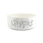 white ceramic large dog food bowl with fine line drawings of happy dog faces