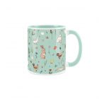 Ceramic mug with a mint green handle and background, displaying a sweet Easter animals and spring flowers pattern.