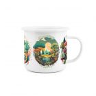 White enamel mug featuring 4 vibrant landscapes, with text reading "All good things are wild and free".