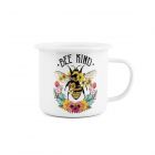 Enamel travel mug presenting a sweet 'Bee Kind' message, paired with a bumblebee surrounded by flowers.