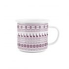 white enamel outdoor mug with a festive christmas print