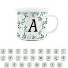 Patterned enamel mug with initial, featuring a bright green leaves design.