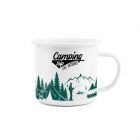 Camping trip enamel mug with design featuring all things outdoors including camping by the fire, fishing and kayaking.