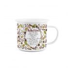 white enamel mug featuring a mulled wine themed design