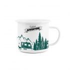 Metal mug designed with hikers on an outdoor adventure amongst forestry and mountains.