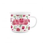 White enamel mug with a pomegranate print and the quote 'Look deep into nature, and you will understand everything better' by Albert Einstein.